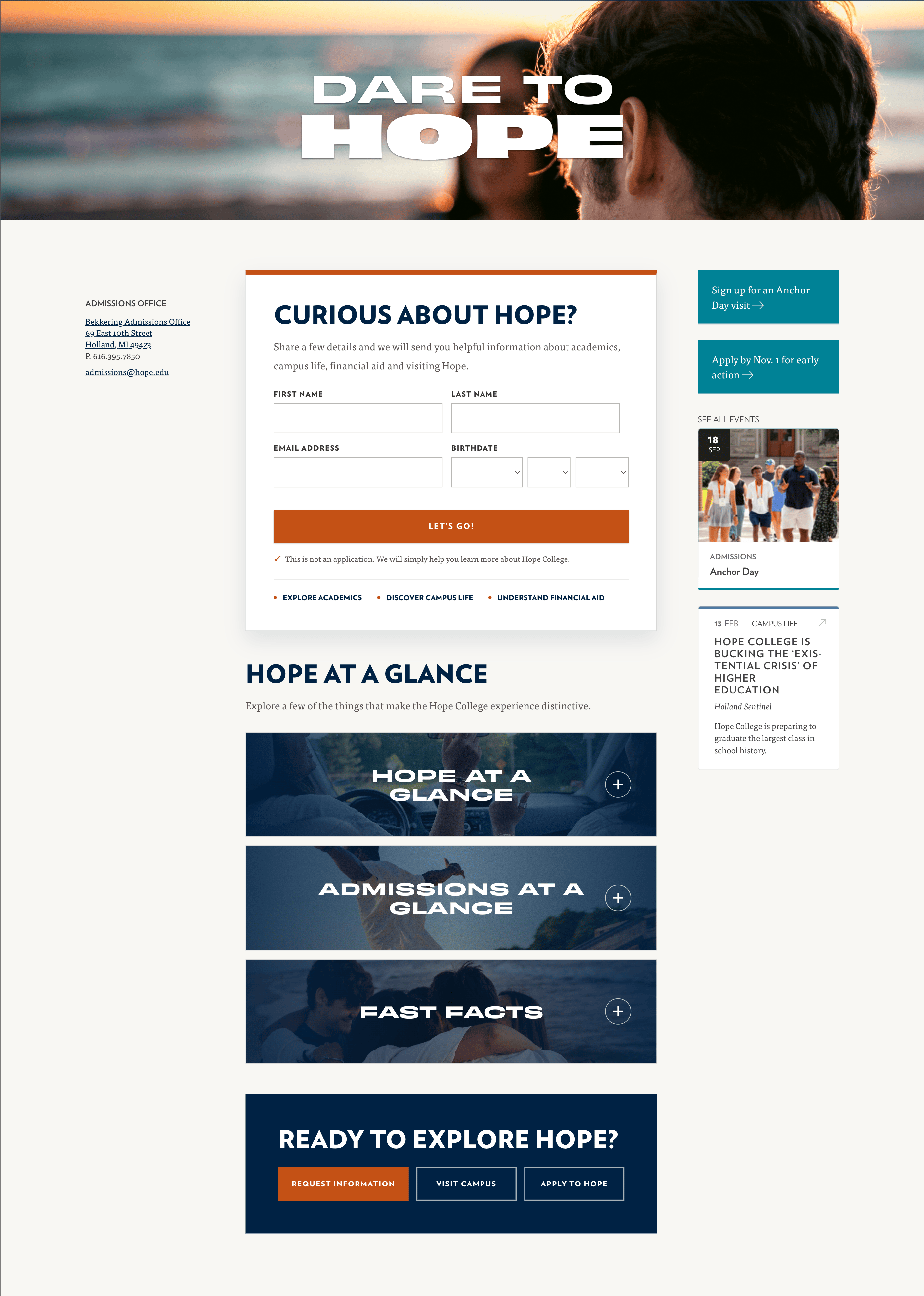 Redesigned Dare to Hope admissions landing page