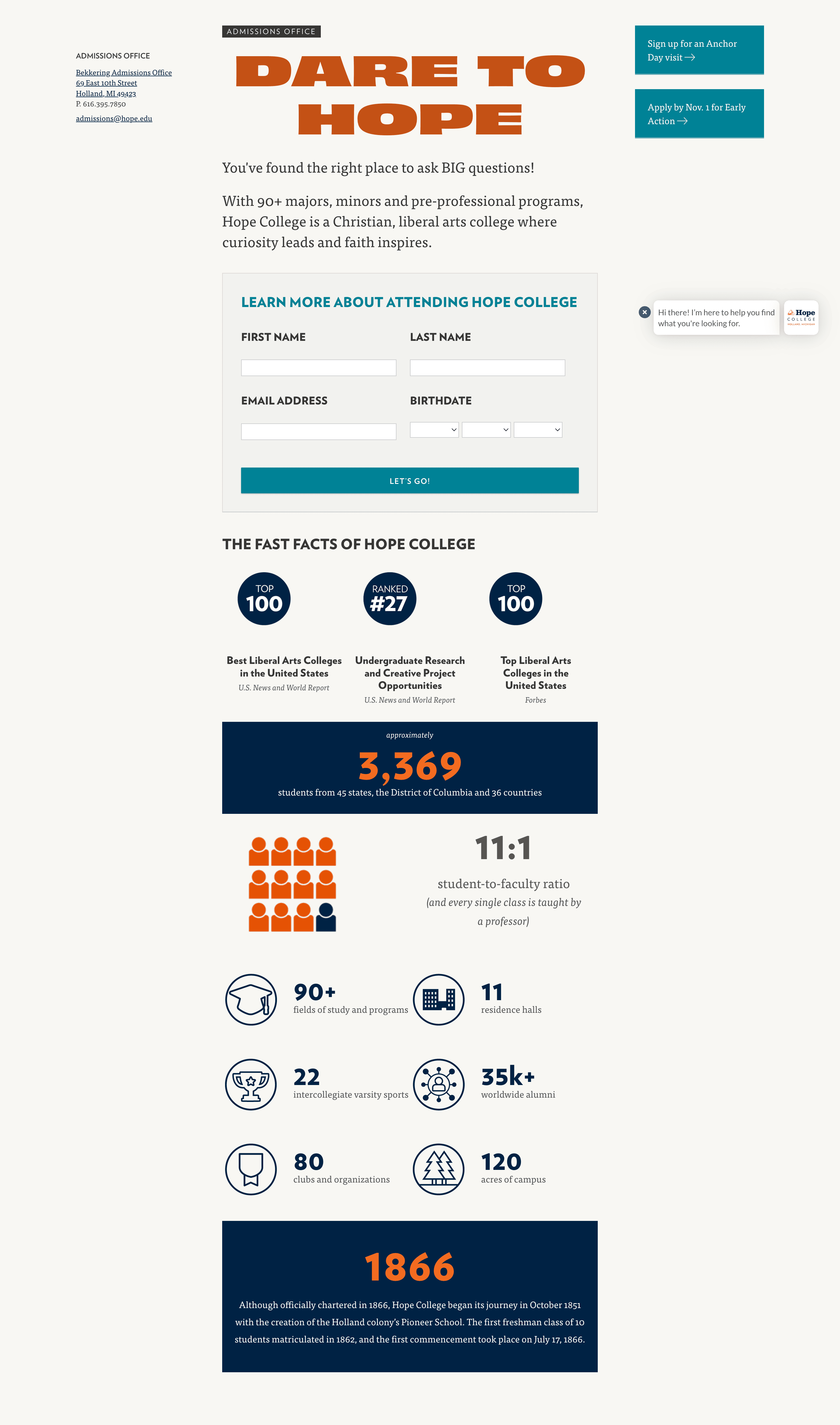 Previous Hope College admissions landing page design